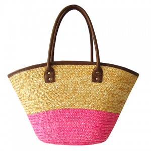 Straw Tote – 12 PCS Woven Wheat 2-tone w/ PU Leather Handles - Pink - BG-R11050PK